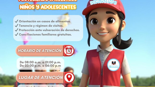La Defensoría Municipal del Niño, Niña y Adolescente (DEMUNA) ofrece orientación y acompañamiento gratuito para la protección de la infancia y adolescencia.

Ofrecemos orientación en pensión de alimentos, tenencia, régimen de visitas y acompañamiento ante situaciones que afecten su bienestar.

Nuestro compromiso es velar por una niñez protegida y fortalecer a las familias de nuestra provincia.

Si necesitas orientación, acércate. ¡Estamos para ayudarte!
