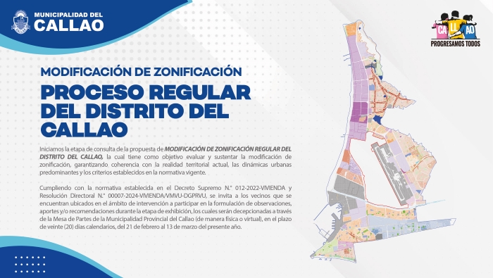 La Municipalidad Provincial del Callao pone a disposición de la ciudadanía la propuesta de modificación de zonificación regular, con el objetivo de armonizar el uso del suelo con la realidad territorial y la normativa vigente. Los vecinos del ámbito de intervención podrán presentar observaciones y recomendaciones, de manera presencial o virtual ante Mesa de Partes, del 21 de febrero al 13 de marzo.
