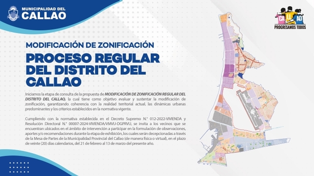 La Municipalidad Provincial del Callao pone a disposición de la ciudadanía la propuesta de modificación de zonificación regular, con el objetivo de armonizar el uso del suelo con la realidad territorial y la normativa vigente. Los vecinos del ámbito de intervención podrán presentar observaciones y recomendaciones, de manera presencial o virtual ante Mesa de Partes, del 21 de febrero al 13 de marzo.