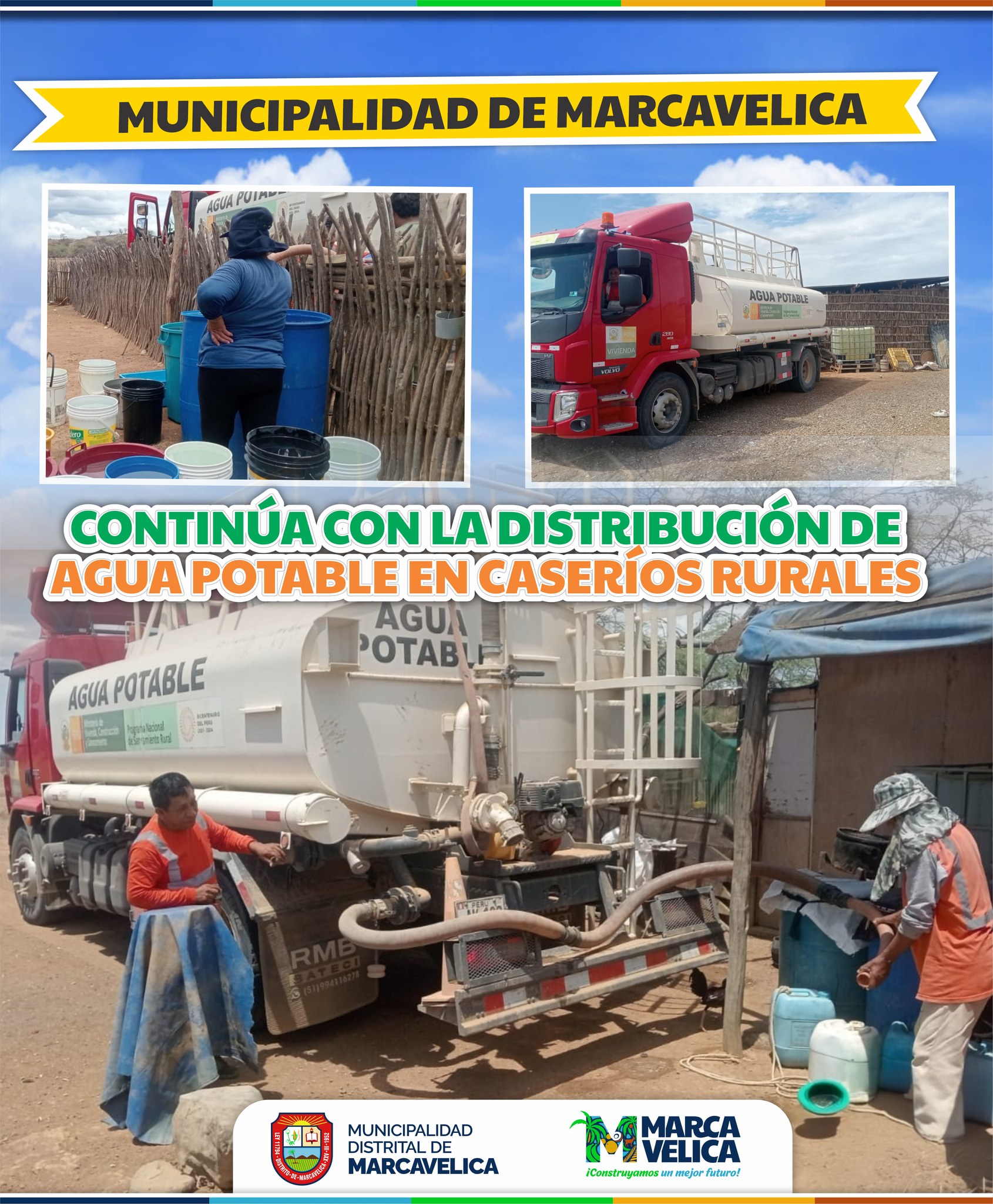 La Municipalidad Distrital de Marcavelica continúa con la distribución de agua potable en caseríos rurales