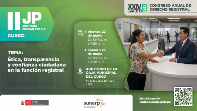 Fotografía del Banner de la II Jornada Preparatoria del CADER resalta el compromiso ético y transparencia en la función registral en beneficio del ciudadano