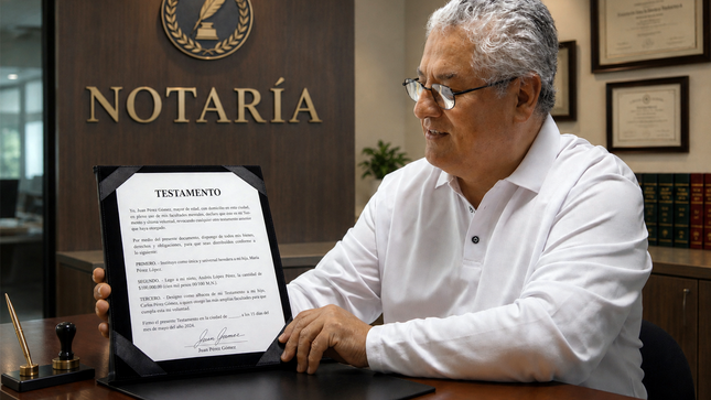 Fotografía de Persona hombre sentado dentro de una oficina de notaría, mostrando documento de su testamento